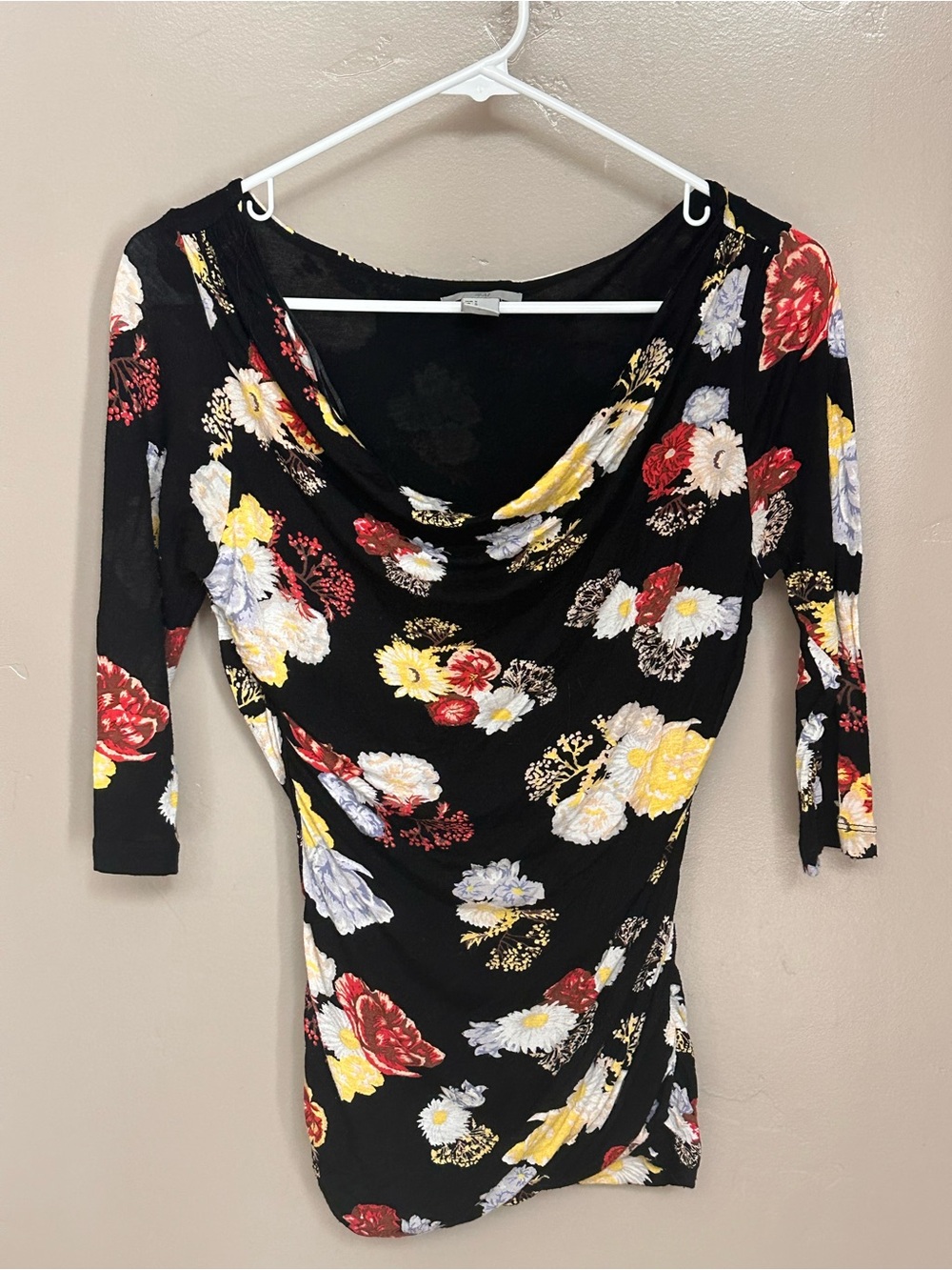 H&M Black Floral Drape Neck Women’s Top Shirt Size S